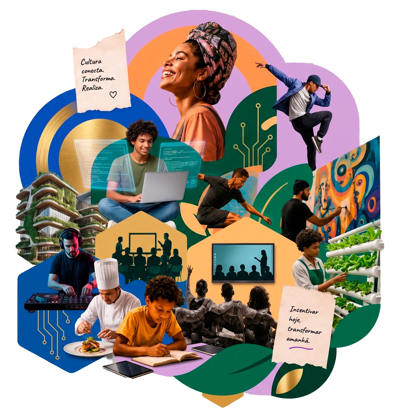 Colagem de pessoas em diferentes atividades apoiadas por edital, incluindo estudo, tecnologia e expressão artística.